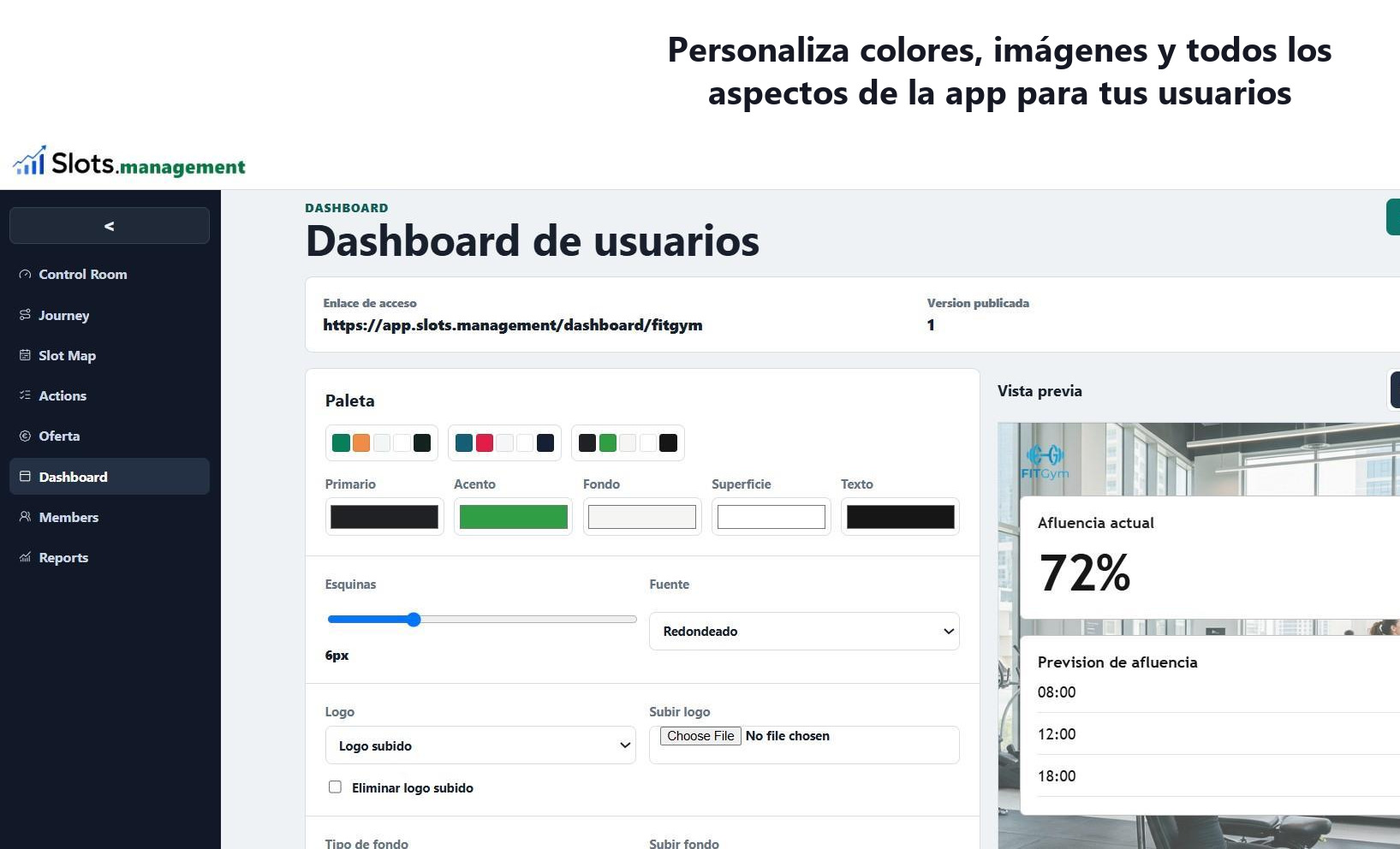 Pantalla de dashboard de la app Slots.management