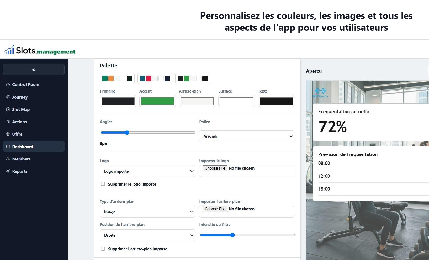 Écran dashboard de l'application Slots.management
